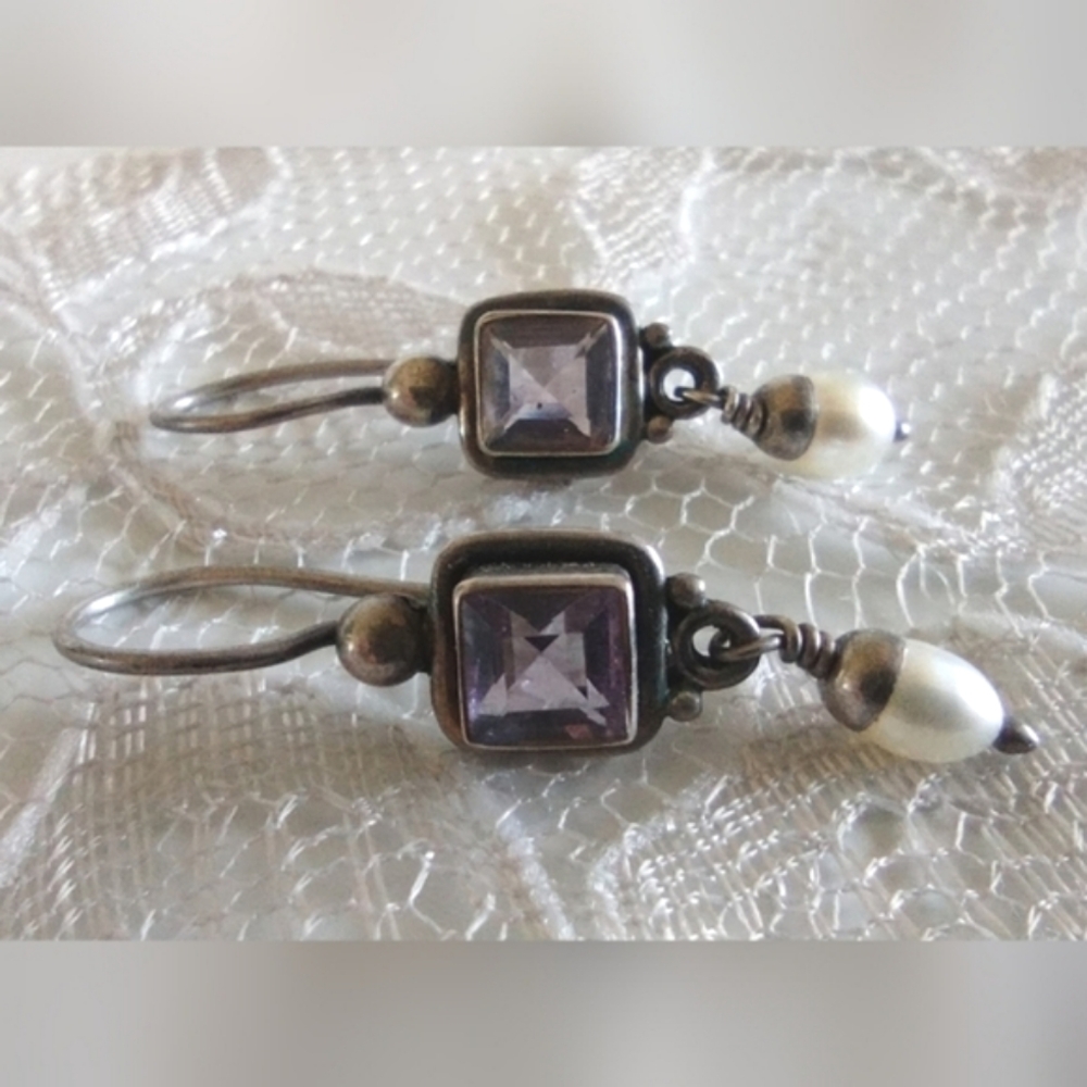 Signed Faceted Square Amethyst and Pearl Sterling Silver Dainty Pierced Earrings